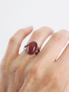 Vintage Sterling Silver Oval Red Carnelian Ring Gemstone Split Shank Band 4.5